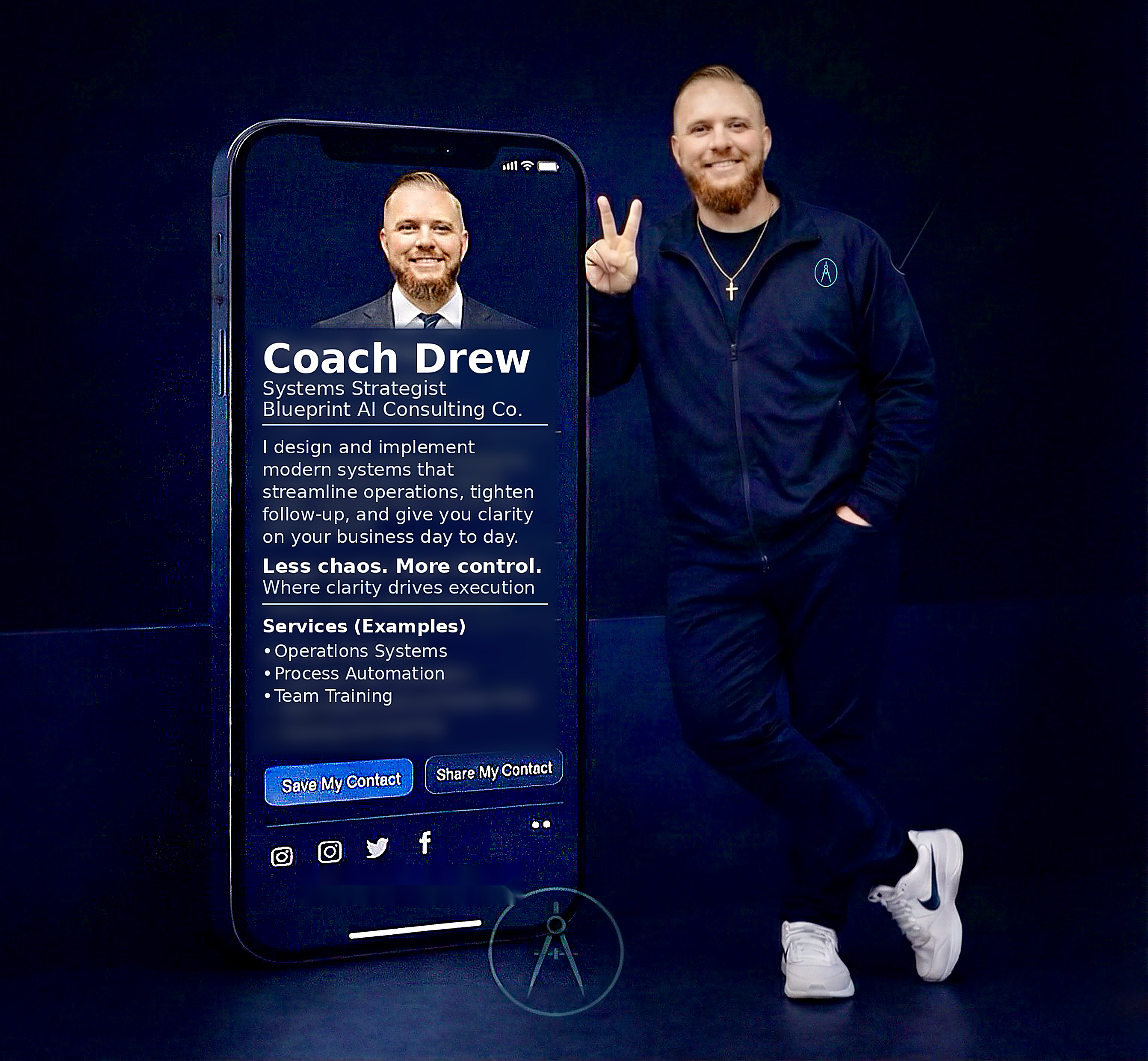 Drew holding a phone graphic